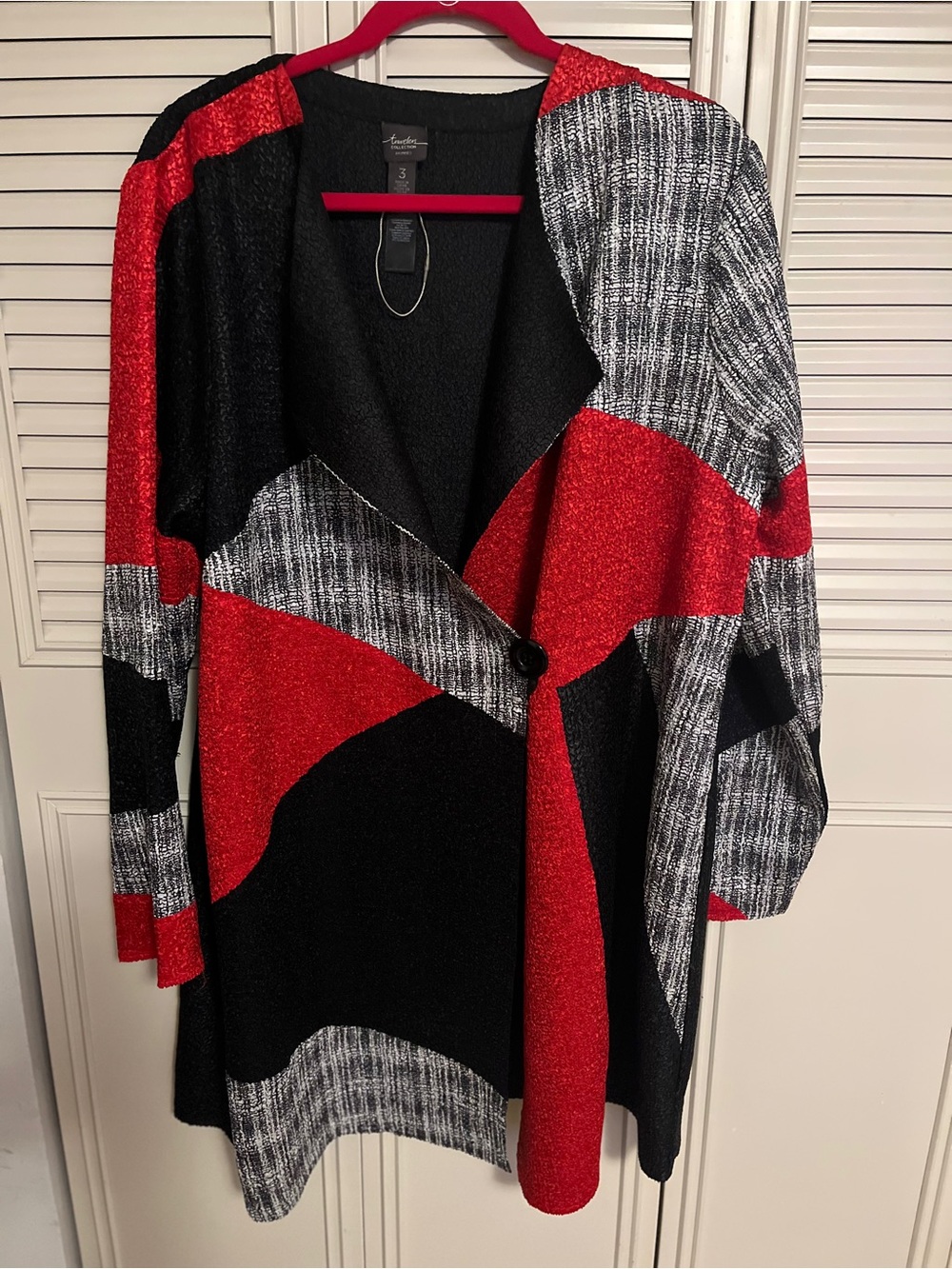 Chico's Red, Black & Gray Sparkle Colorblock Open Cardigan